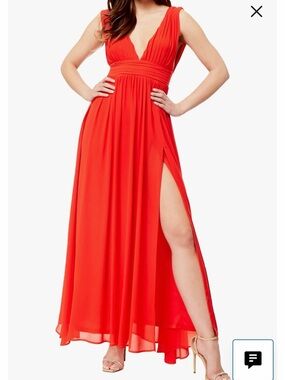 Love By Design Coral-Red Plunge Maxi Dress with High Slit Size XL